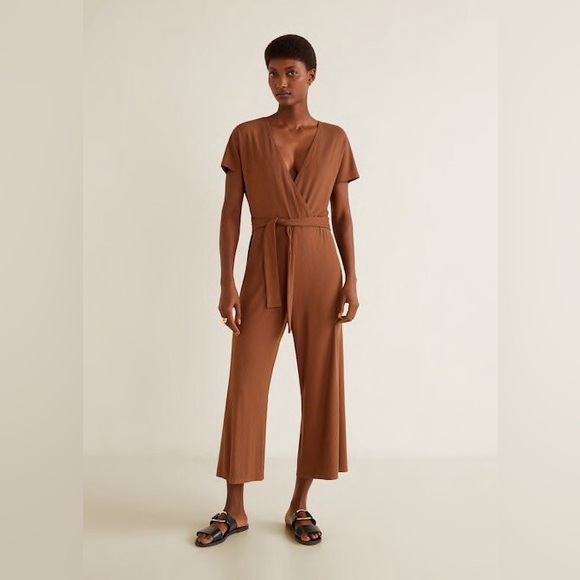 Mango MNG Women's Ribbed V Neck Burnt Orange Wide Leg Jumpsuit Size Small - Picture 1 of 7